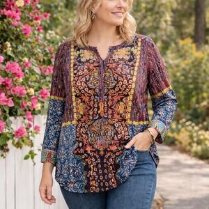 Talbots Woman Petites Boho Paisley Blouse Patchwork Burgundy Blue Top Size 2XP
